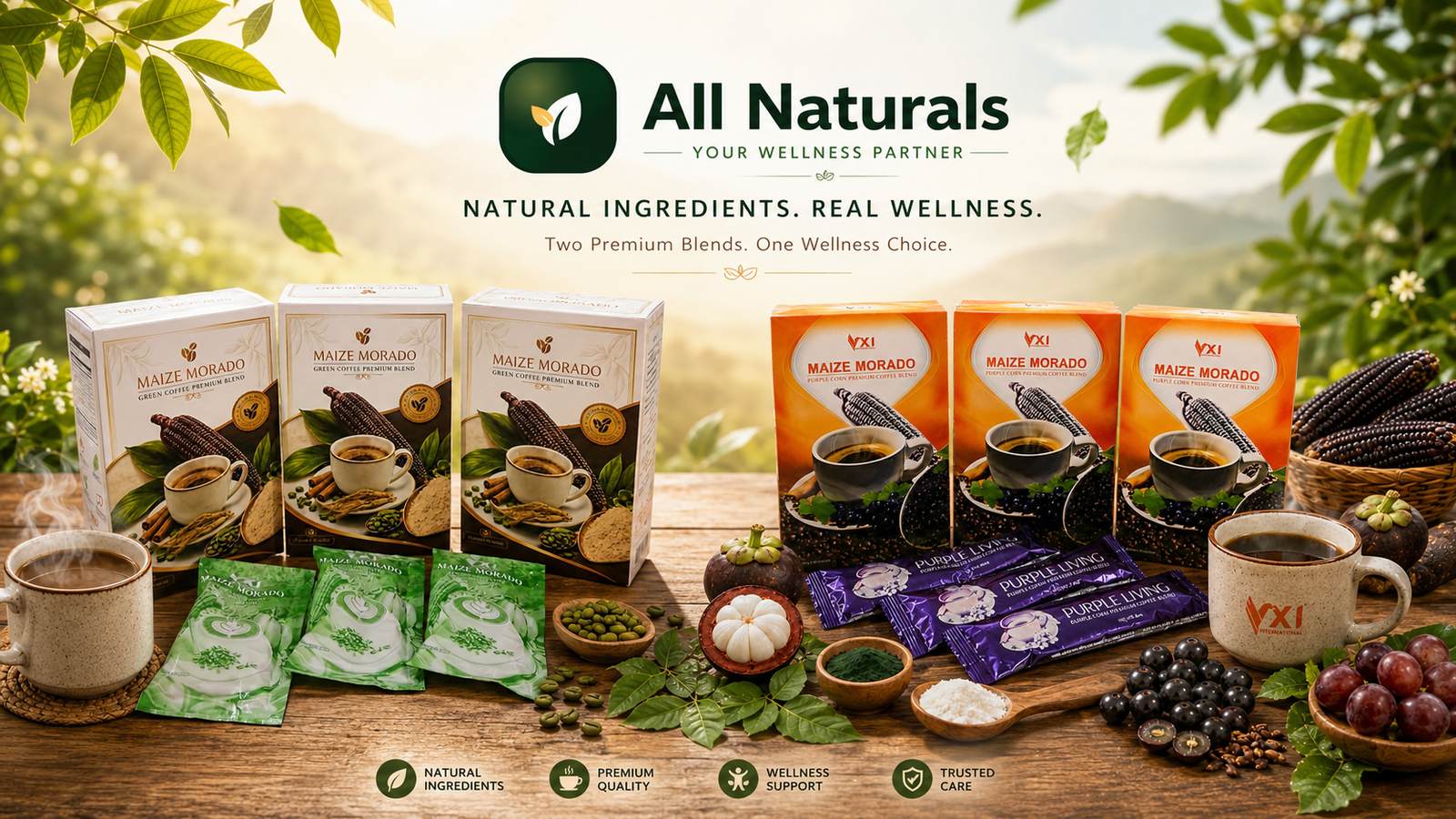 All Naturals natural product collection featuring Maize Morado coffee blends